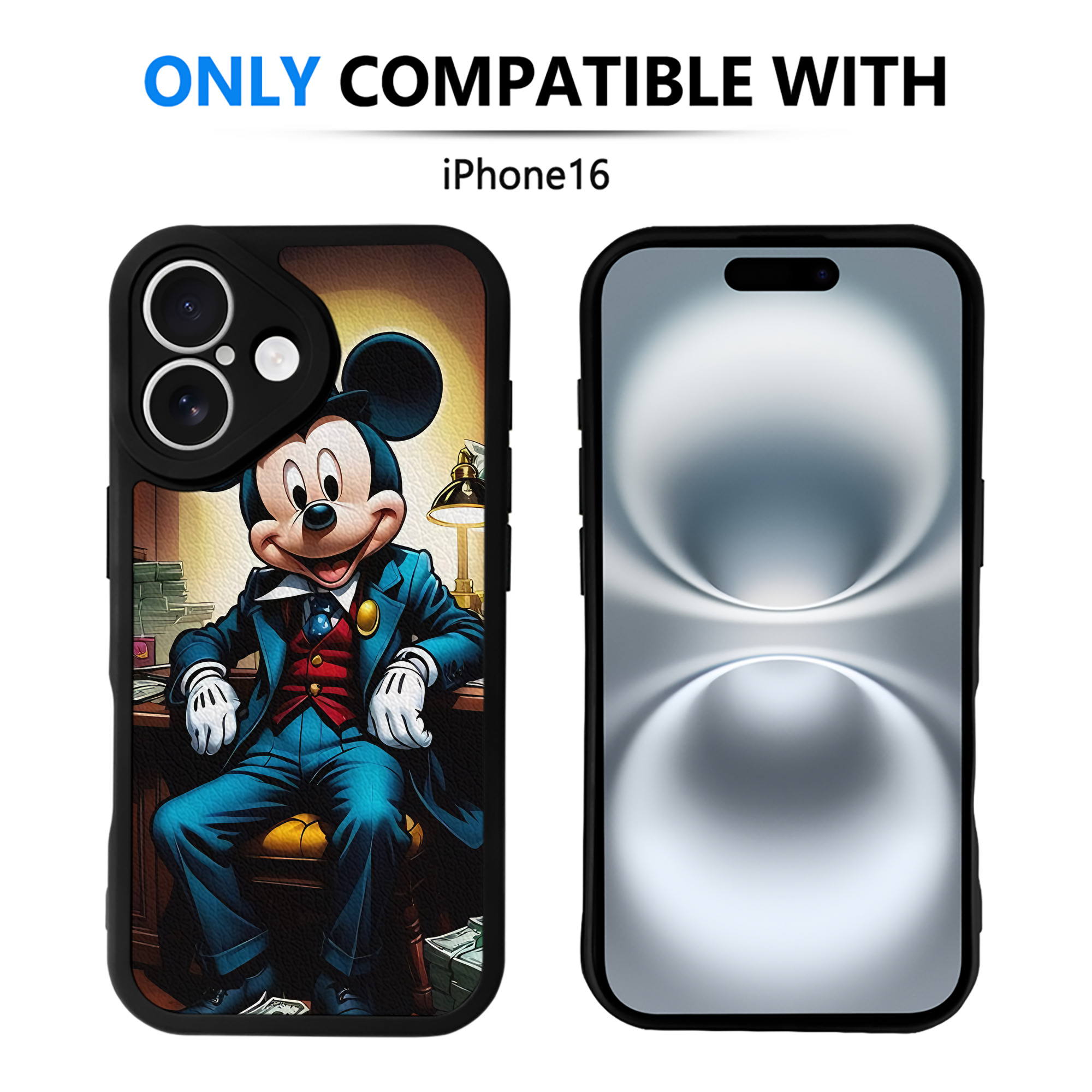 （画像用） ミッキーマウス Mickey Mouse 【iPhone 16シリーズ対応】シリコンスマホケース（レザー調） 材質：シリコン